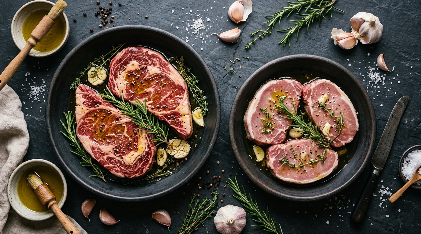 Frisches Grillfleisch mit Rosmarin, Knoblauch und Pfeffer mariniert auf dunklem Schiefer